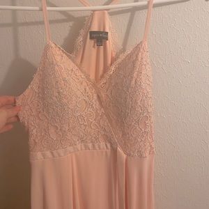 formal pink long princess dress with slit on leg